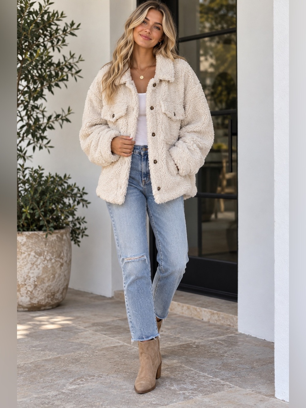 Altar’d State Teddy Sherpa Shacket Jacket Cream Oversized M